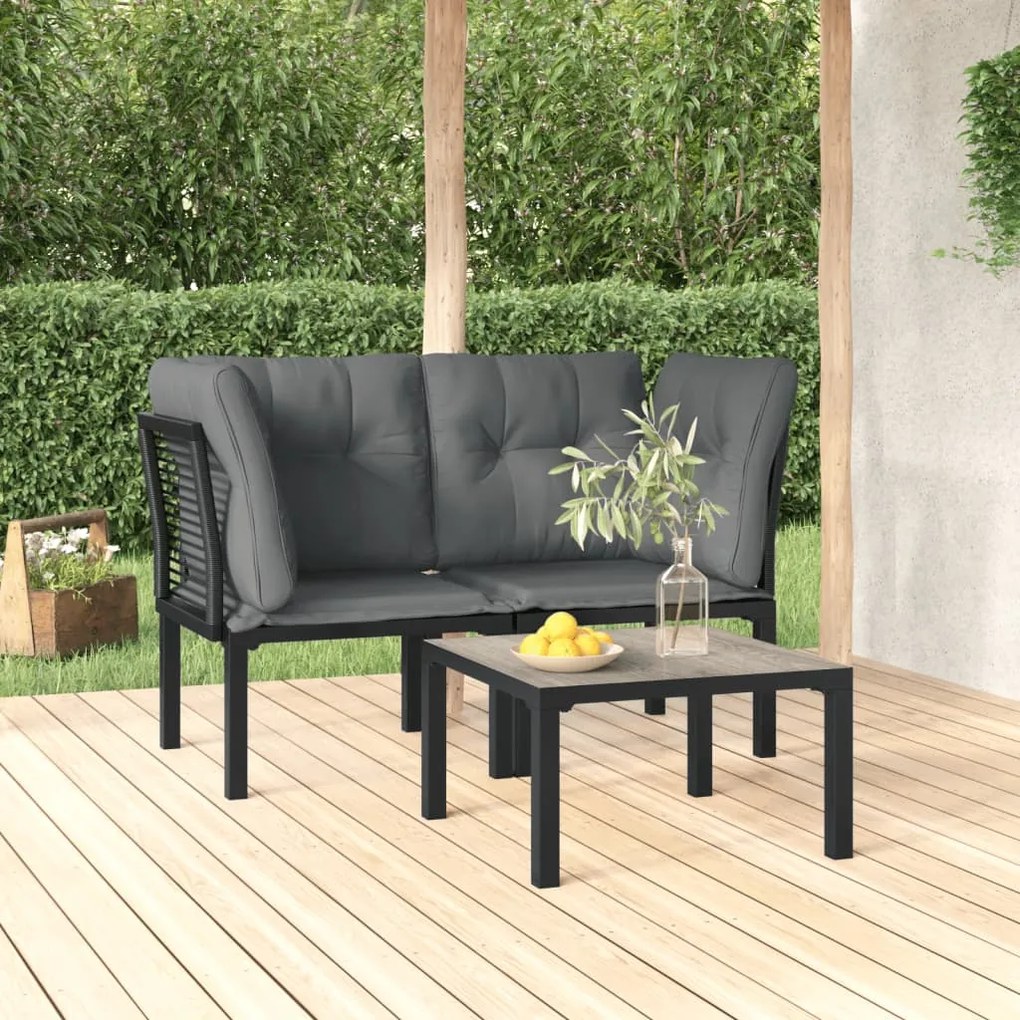 Set salotto da giardino 3 pz nero e grigio in polyrattan