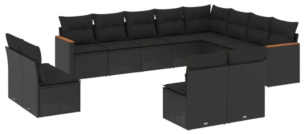 Set divani da giardino 12 pz con cuscini nero in polyrattan