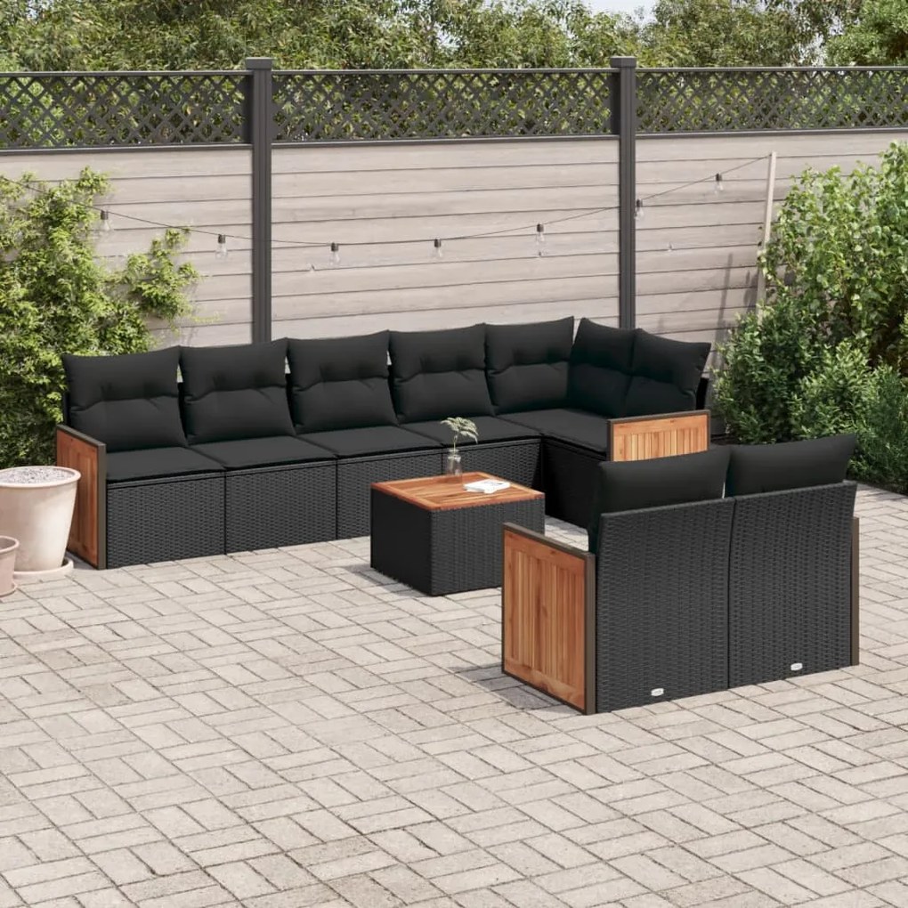 Set divani da giardino 9 pz con cuscini nero in polyrattan