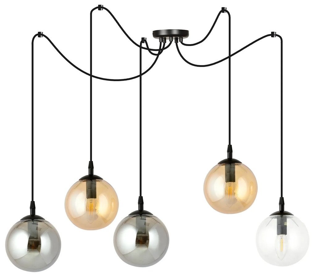 Lampadario 5 Luci Gigi In Acciaio Nero Con Cavo Lungo E Vetri Multicolor