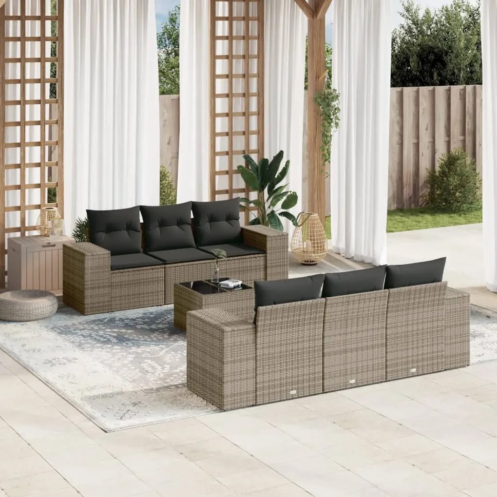 Set Divani da Giardino 7 pz con Cuscini Grigio in Polyrattan