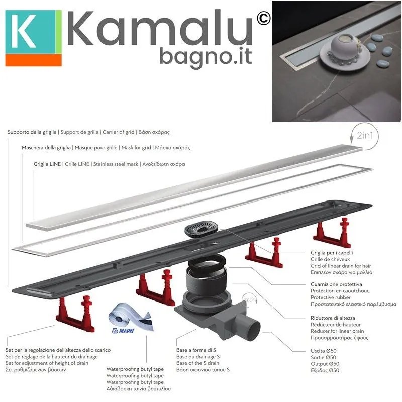 Kamalu - Canalina scarico doccia 55cm con coperchio in vetro bianco CB-550