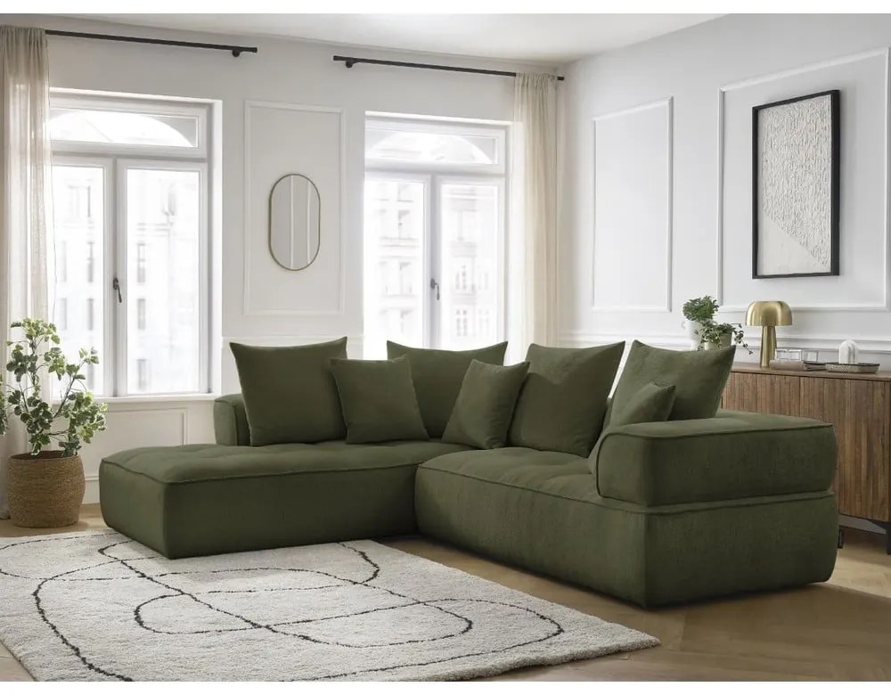 Divano angolare verde (penisola a sinistra/a L) con rivestimento in ciniglia Whesley – Bobochic Paris