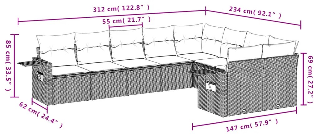 Set Divano da Giardino 9 pz con Cuscini Beige in Polyrattan