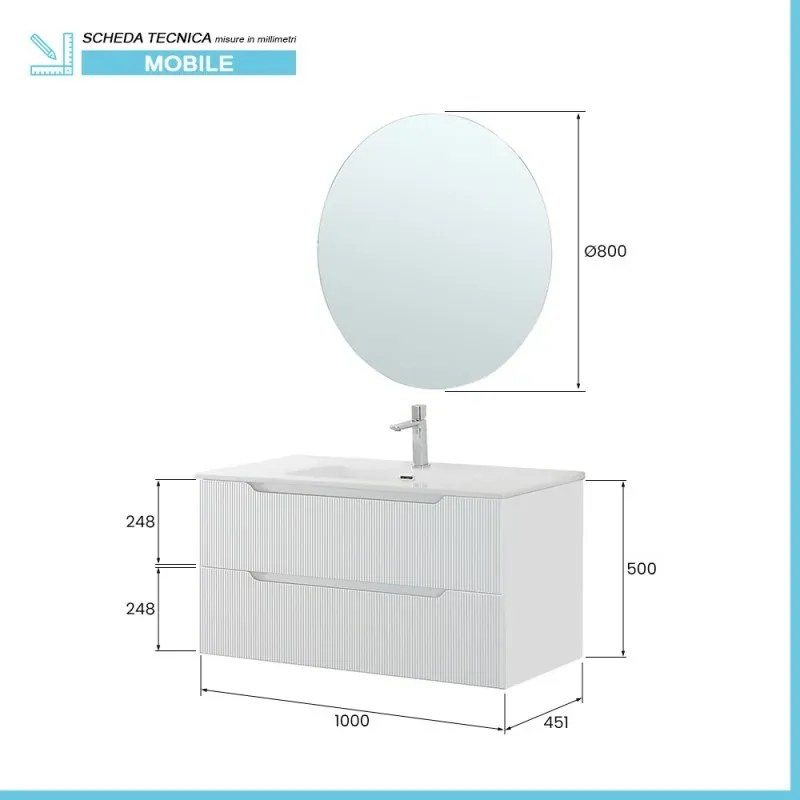 Mobile bagno sospeso 100 bianco cannettato doppi cassetto lavabo e specchio Wise