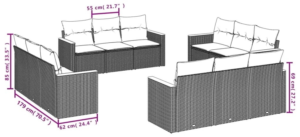 Set divani da giardino 12 pz con cuscini nero in polyrattan