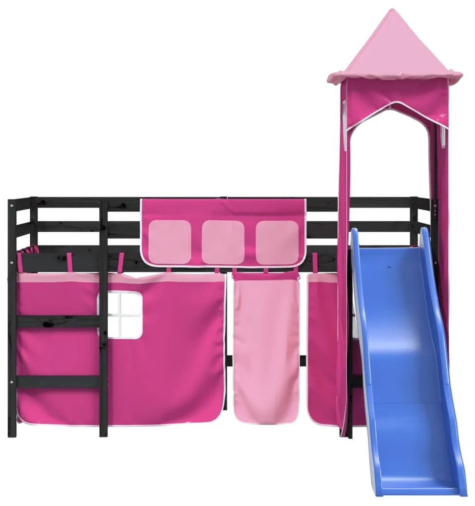 Letto a soppalco con torre bambini rosa 80x200cm massello pino