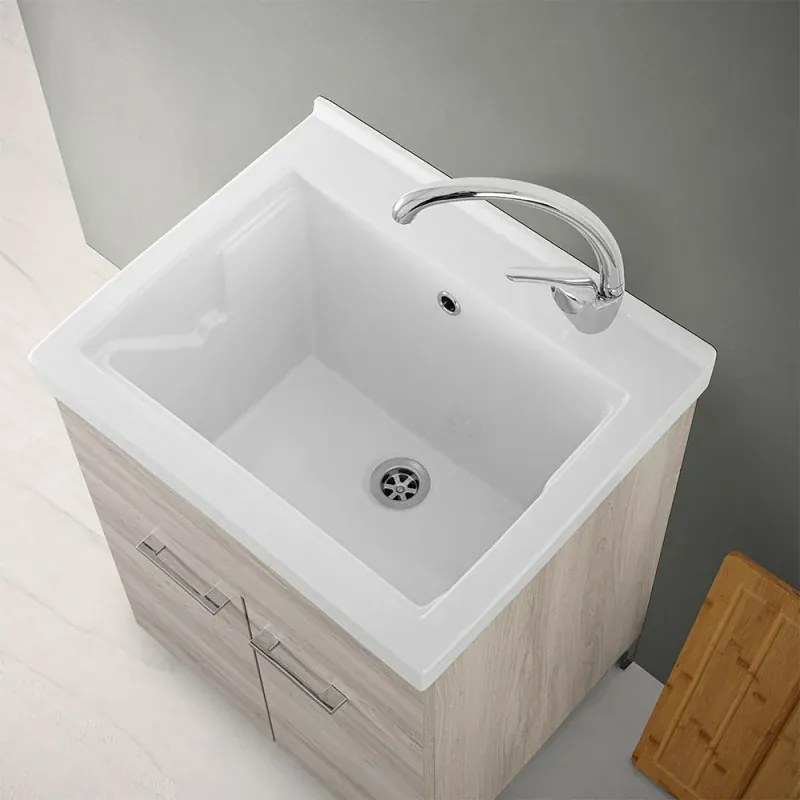Mobile lavatoio 60x50 cm rovere grigio con vasca lavapanni in ceramica