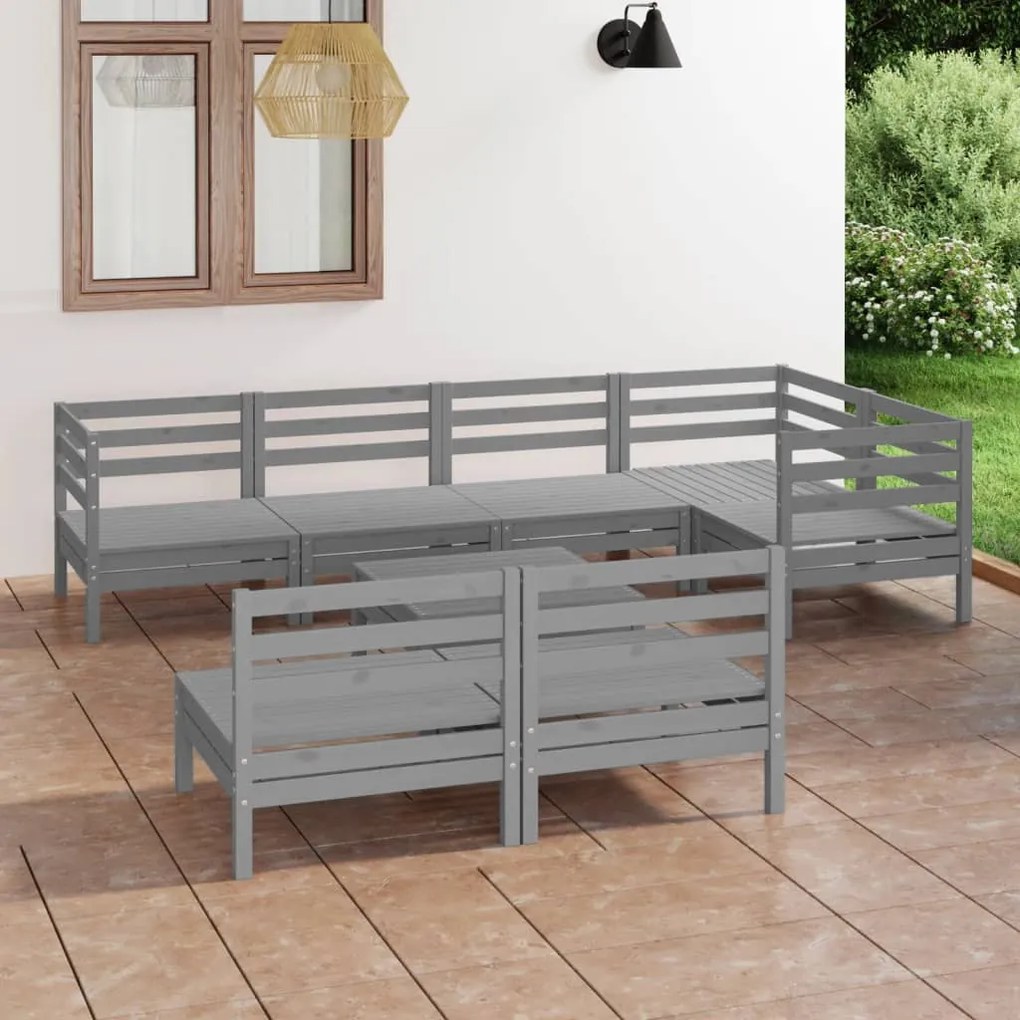 Set Salotto da Giardino 8 pz in Legno Massello di Pino Grigio