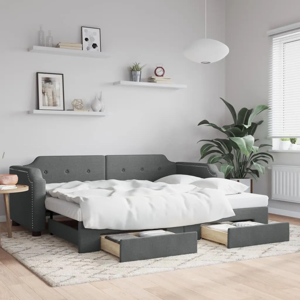 Divano Letto Estraibile Cassetti Grigio Scuro 100x200cm Tessuto /
