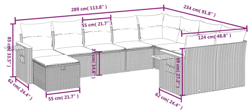 Set Divano da Giardino 10 pz con Cuscini Beige in Polyrattan