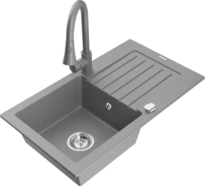 Mexen Pablo lavello da cucina in granito a 1 vasca con scolapiatti e rubinetto da cucina Elia, grigio - 6510-71-670101-71