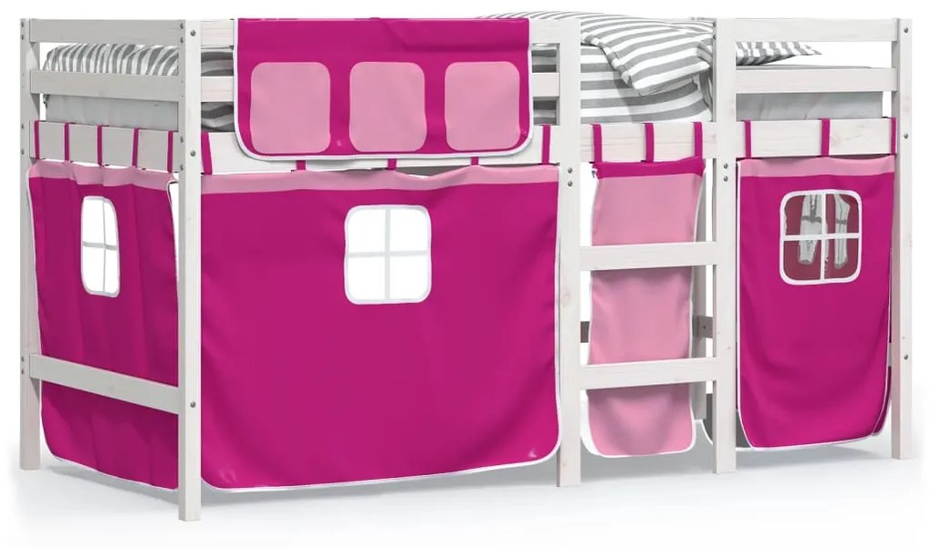 Letto a soppalco con tende bambini rosa 90x200 cm massello pino