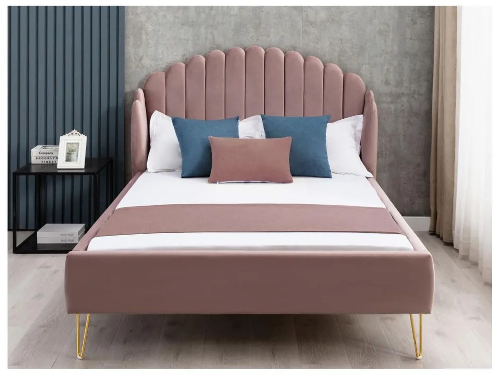 Letto con testata letto ondulata 160 x 200 cm Velluto Rosa antico - SAGALI