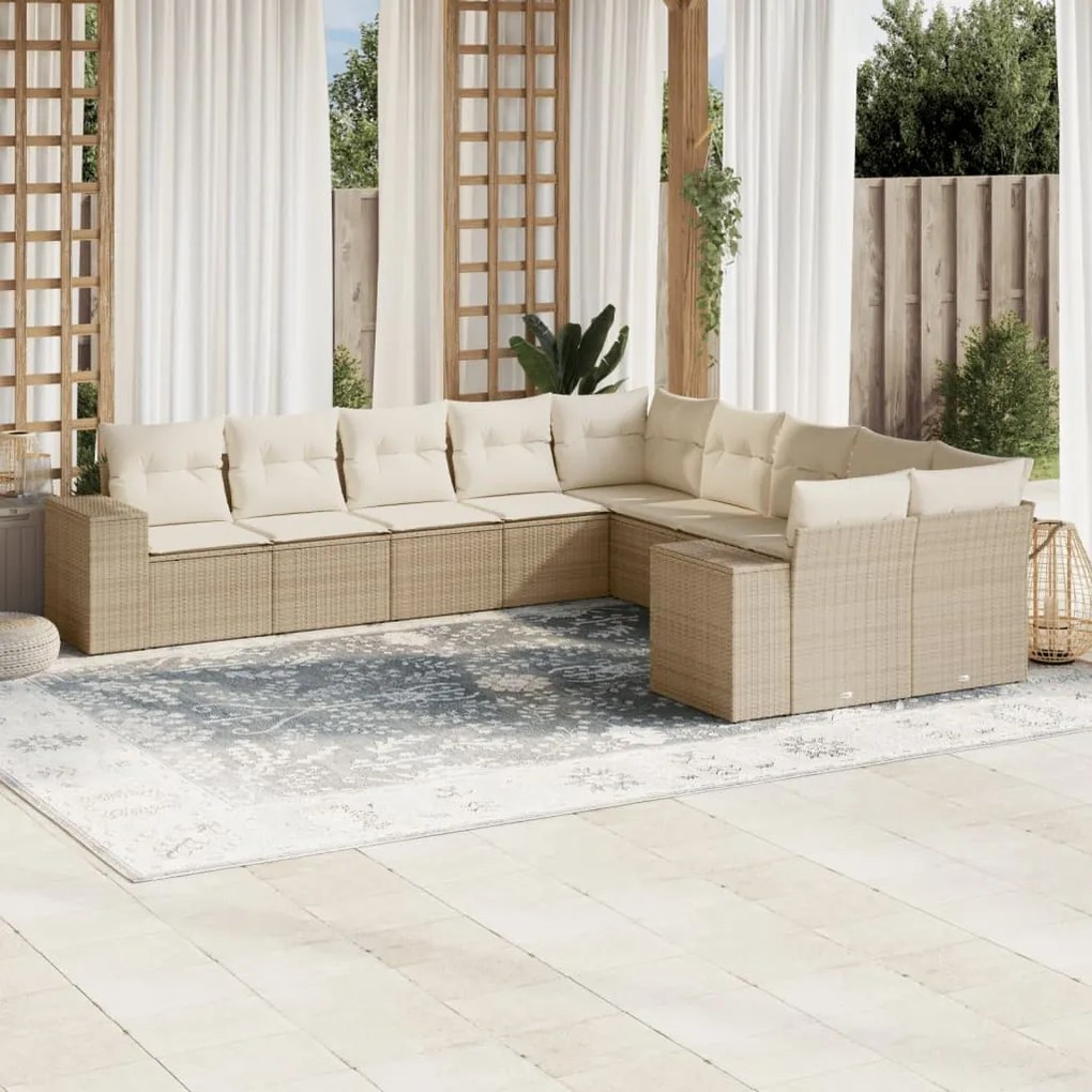 Set divano da giardino 10 pz con cuscini beige in polyrattan