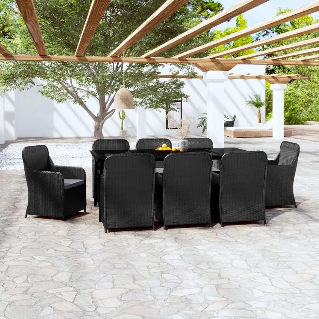Set mobili da pranzo da giardino 9 pz con cuscini nero