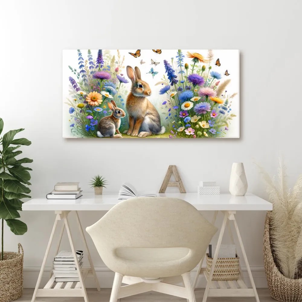 Quadro su tela – Fiori di campo e coniglietti tra le farfalle