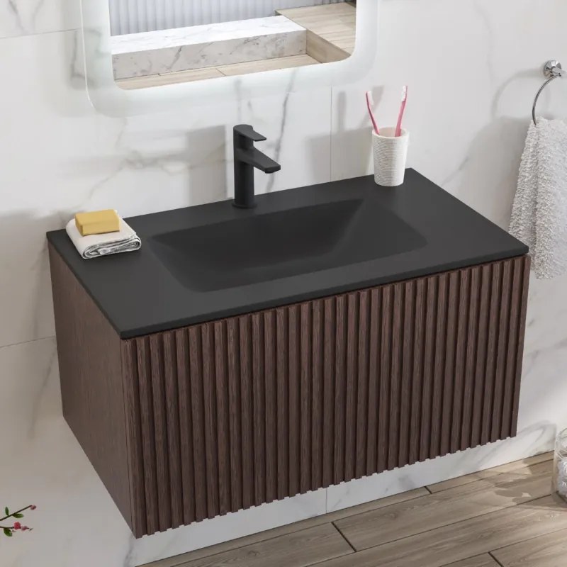 Mobile bagno sospeso 80cm effetto cannettato con lavabo nero KDS-80L - KAMALU