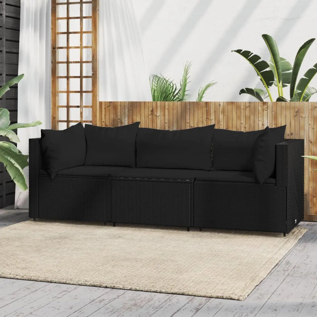 Set Divani da Giardino 3 pz con Cuscini Nero in Polyrattan