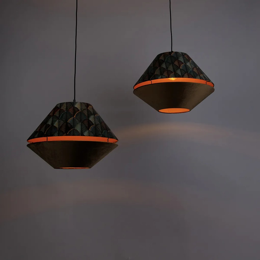 Lampada a sospensione nera con doppio paralume in velluto con motivo a foglie e beige a 2 luci - Cava Luxe