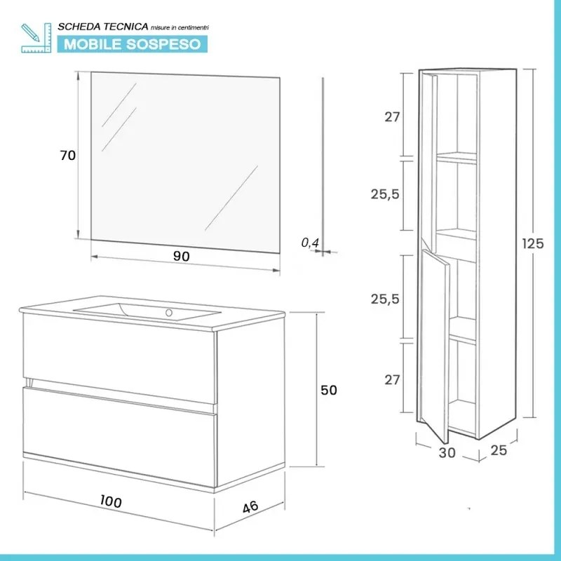 Mobile bagno sospeso 100 cm rovere bianco con pensile H 125 cm Nadia