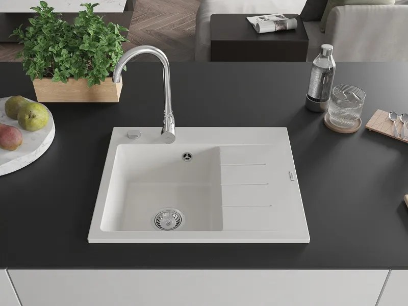 Mexen Ben lavello in granito 1-vasca con scolapiatti, sinistro 600 x 500 mm, bianco, sifone cromato - 6522605000-20