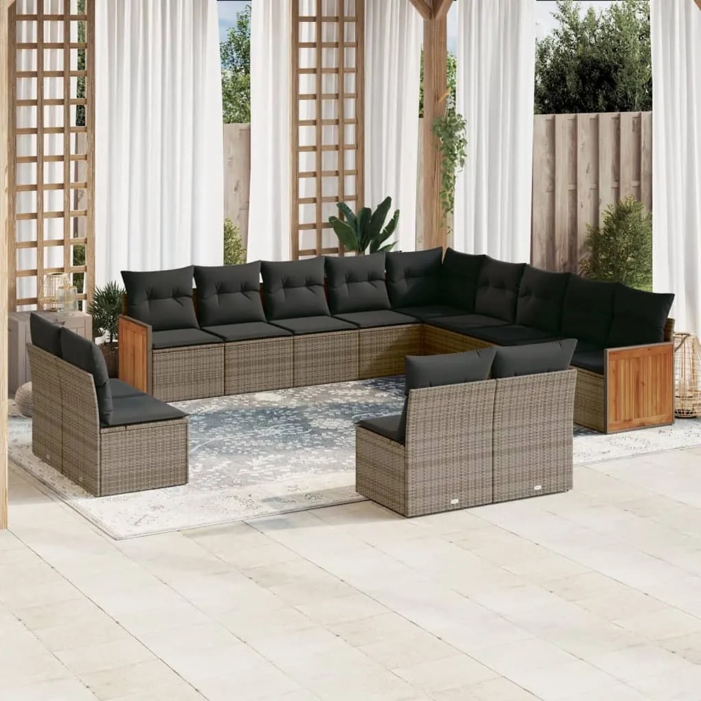 Set divani da giardino 13 pz con cuscini grigio in polyrattan