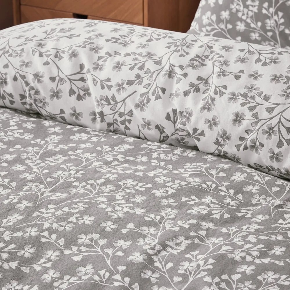 Set copripiumino e federa grigio in flanella per letto matrimoniale e per letto esteso 230x220 cm Grace Floral Leaf – Catherine Lansfield
