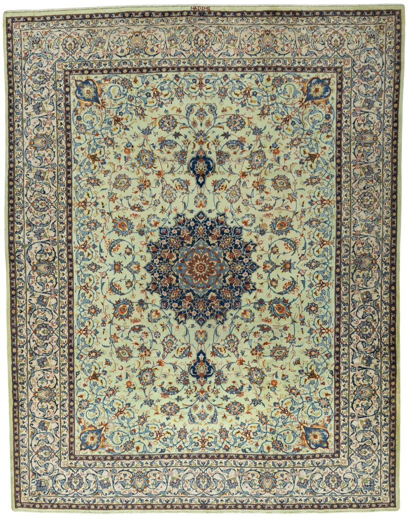Kashan Tappeto 380x300 Verde (Iran) Annodato A Mano