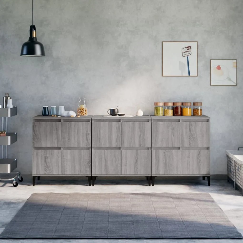 Credenze 3pz grigio sonoma 60x35x70 cm in legno multistrato