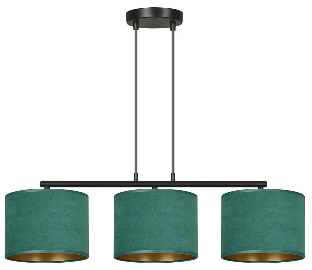 Lampadario 3 Luci Ganesha In Acciaio Nero E Paralumi In Tessuto Verde