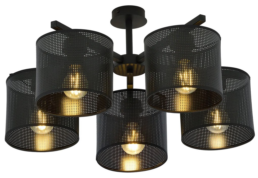 Plafoniera Industrial 5 Luci Cigno In Acciaio Nero E Paralumi A Cilindro