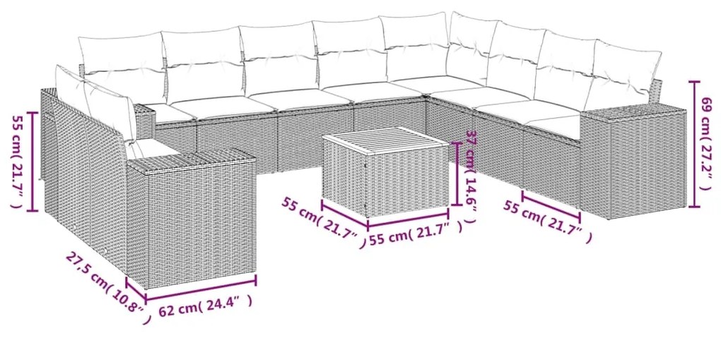 Set divani da giardino 11 pz con cuscini in polyrattan nero