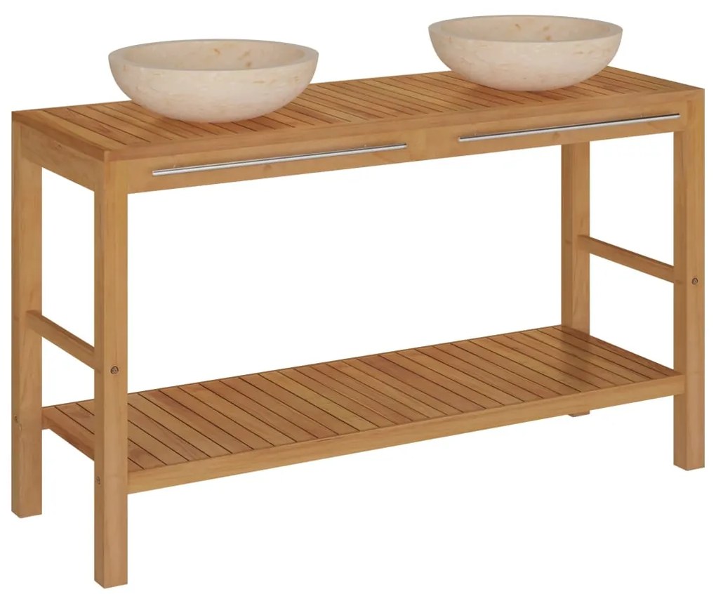 Armadietto da bagno in legno di teak con lavabi in marmo crema