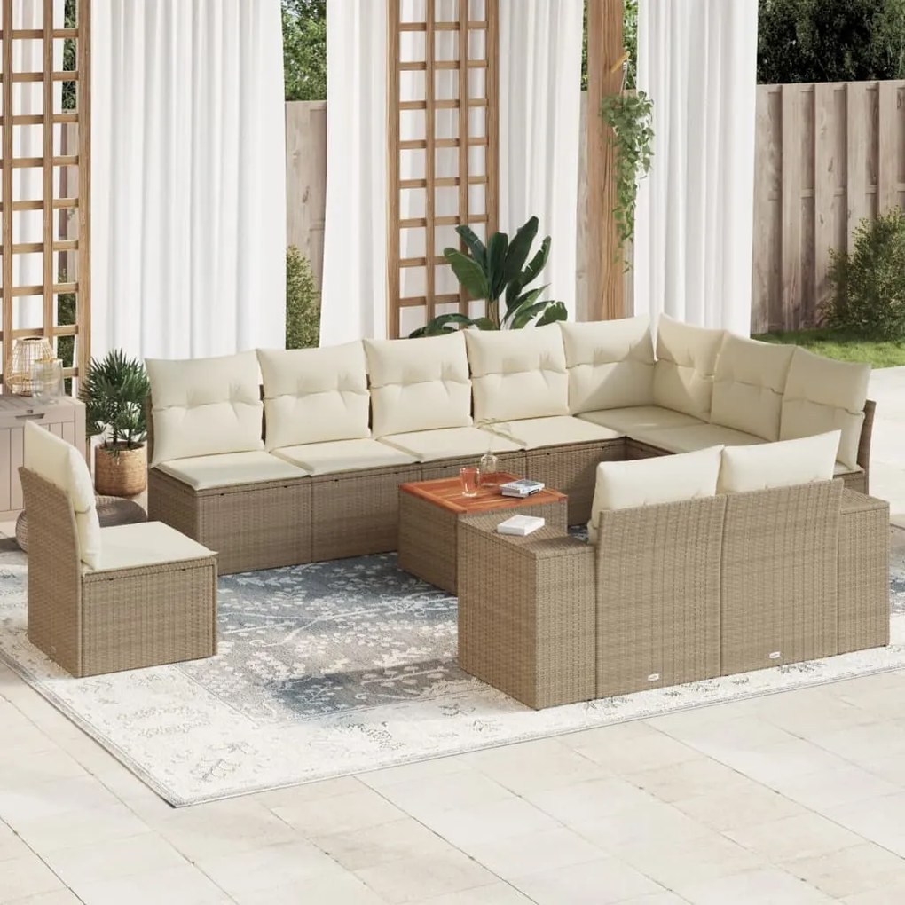 Set divani da giardino 11 pz con cuscini beige in polyrattan