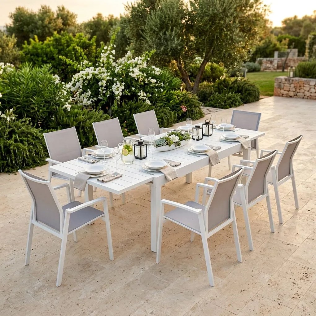 JERRI - set tavolo in alluminio cm 135/270 x 90 x 75 h con 8 poltrone Lotus