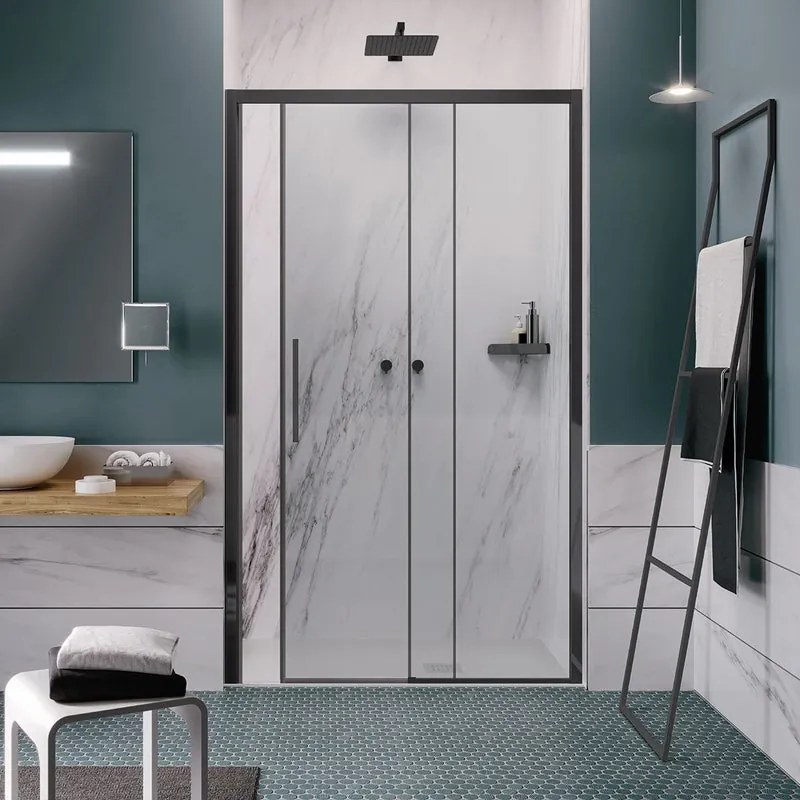 Porta doccia L 137-141 cm x H 196.5 cm per nicchia in vetro trasparente SP. 6 mm, profilo nero, serie Record