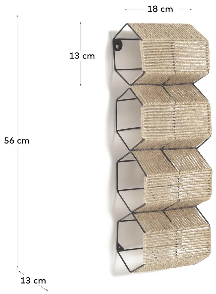 Kave Home - Portabottiglie da parete Francina in metallo nero e juta finitura naturale 17,5 x 56 cm