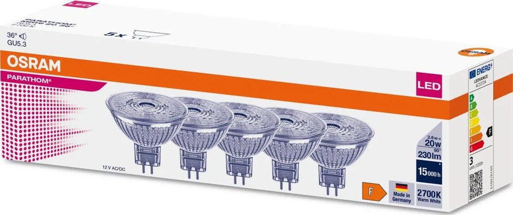 Set da 5 lampadine LED MR16 GU5,3/2,6W/12V 2700K 36° - Osram