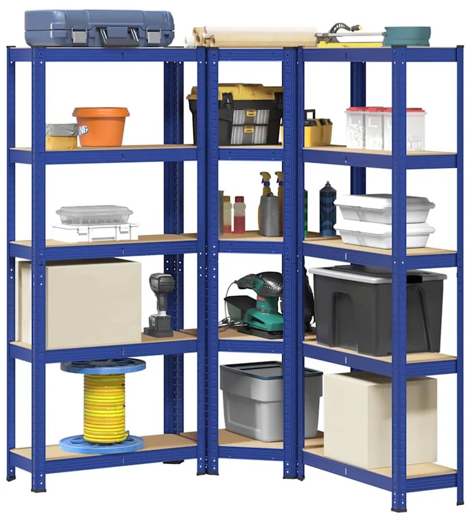 Scaffali A 5 Ripiani 3 Pz Blu İn Acciaio E Legno Multistrato /
