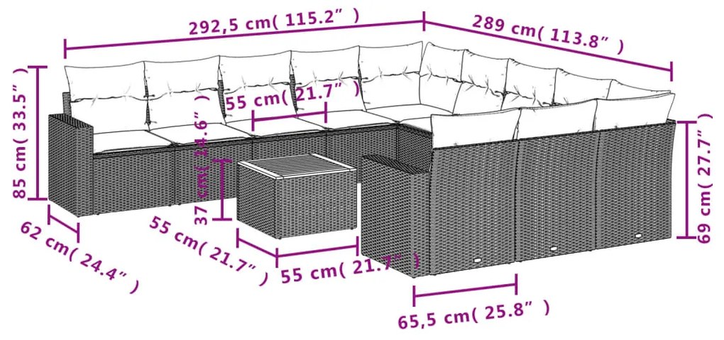 Set divani da giardino 12 pz con cuscini grigio in polyrattan