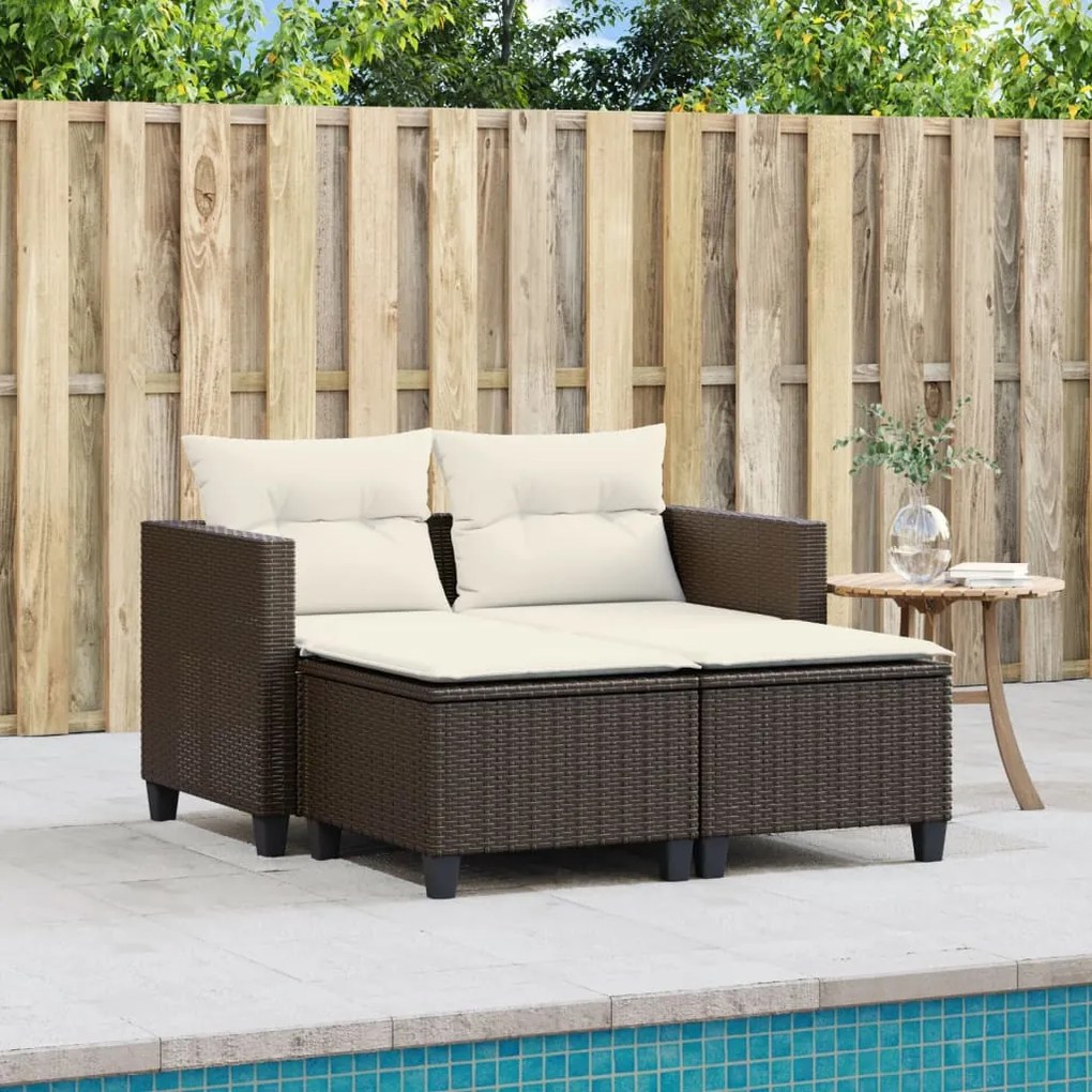 Divano da Giardino 2 Posti con Sgabelli Marrone in Polyrattan