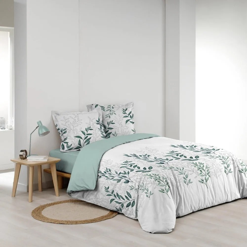 Set copripiumino e federa bianco/verde in percalle di cotone per letto matrimoniale ed esteso 240x220 cm Wendy – douceur d'intérieur