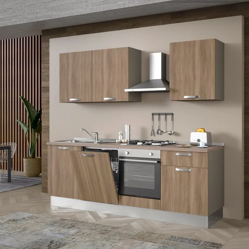 Cucina montata Dora rovere chiaro, lavello a sinistra, L 240 cm, completa di: cappa a camino, piano cottura a gas, forno, lavastoviglie