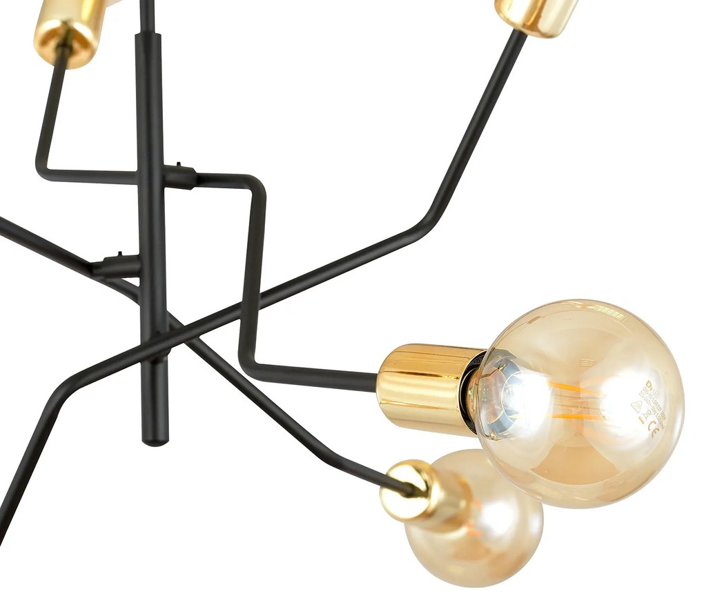 Sospensione Industrial 6 Luci Temi In Acciaio Nero E Oro Bracci Regolabili