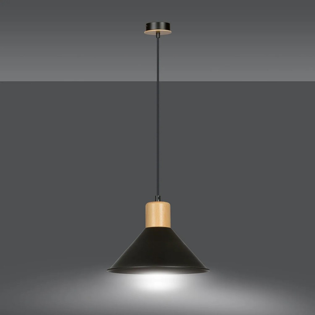 Sospensione Nordica 1 Luce Rowen In Acciaio Nero E Legno