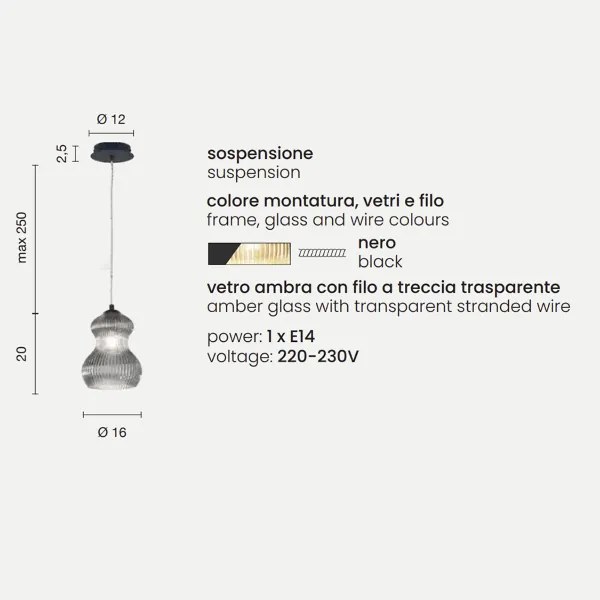 Lampada sospensione D16 cm in vetro soffiato Ambra - MADAGASCAR Mod2