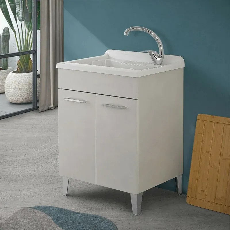 Mobile lavatoio 60x50 cm grigio calce vasca in resina e kit di scarico Moon