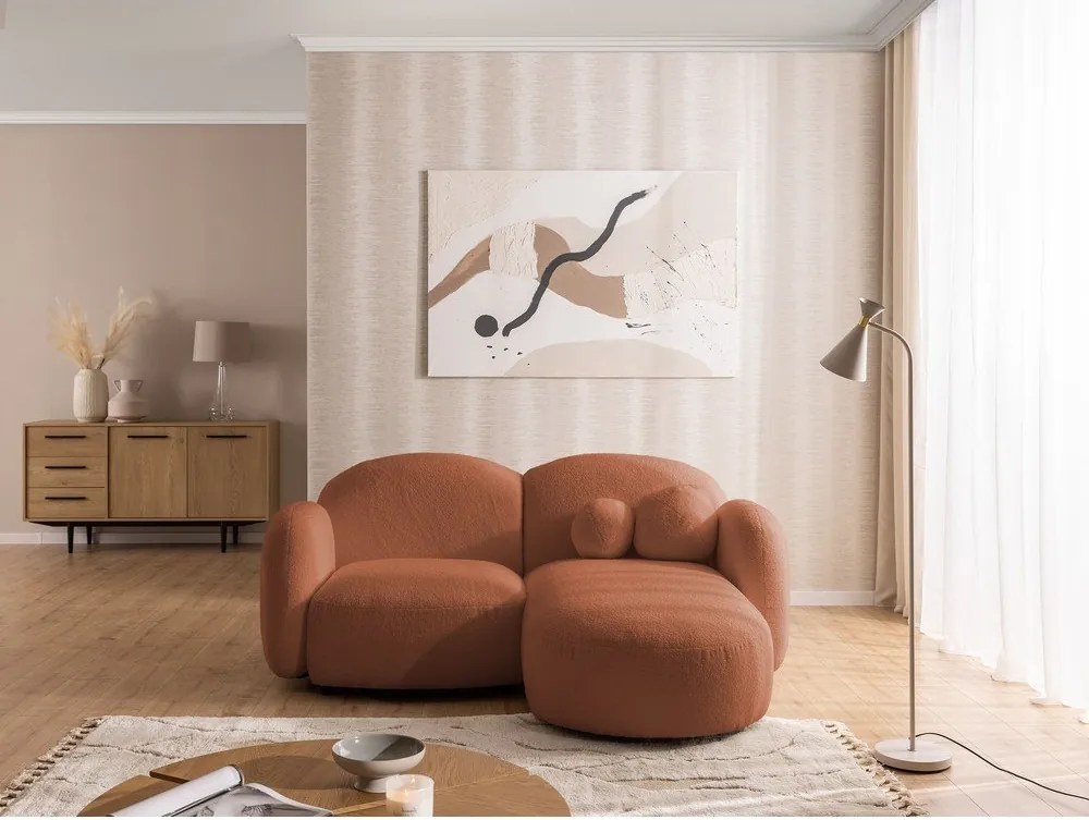 Divano angolare color terracotta (con penisola a destra/con chaise lounge) con rivestimento in bouclé Orbit – Ropez