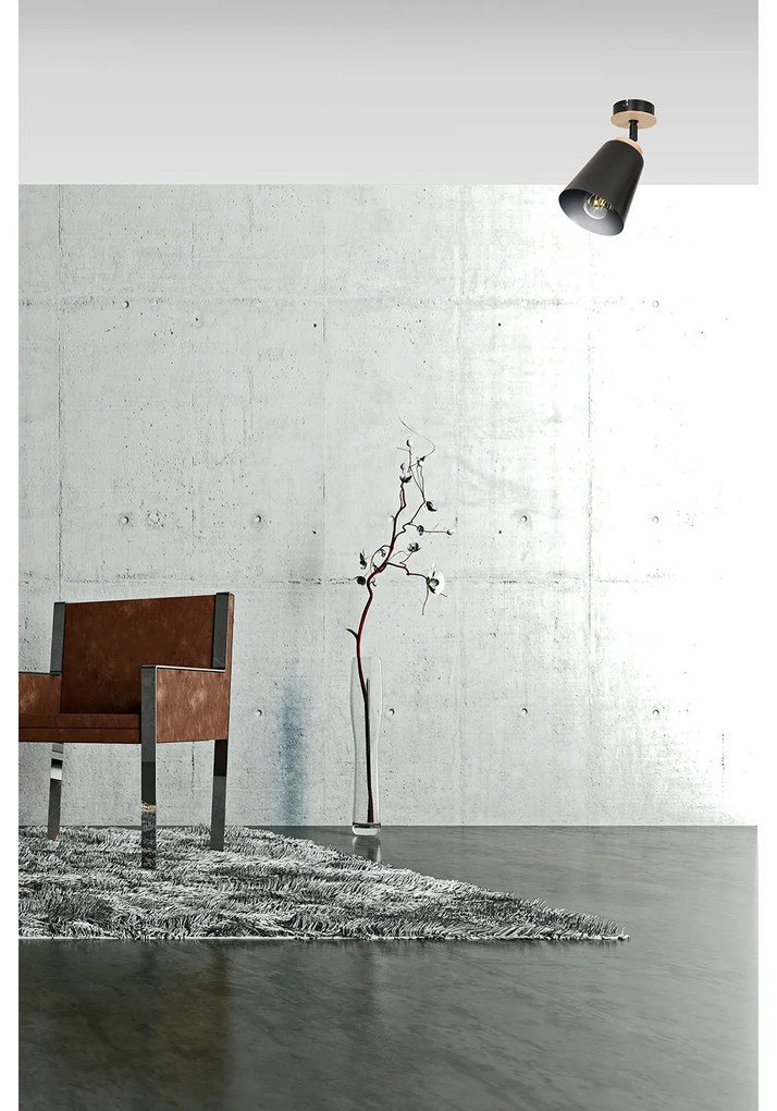 Plafoniera A Faretto Spot 1 Luce In Acciaio Nero E Legno Naturale